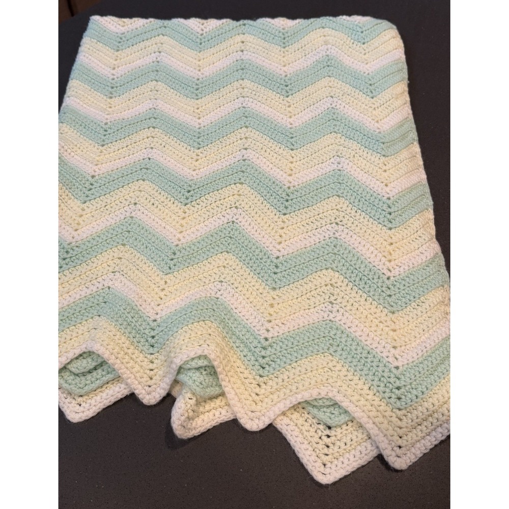 Vintage Handmade Crocheted Chevron Baby Blanket Pastel Mint Green Yellow & White